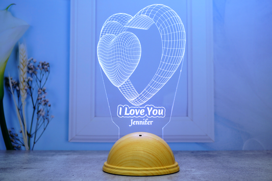 I Love You Personalized 3D Led Lamp with Double Heart